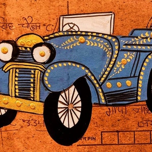 Cartoline d'epoca con auto d'epoca / Arte postale indiana dipinta a mano / Decorazioni popolari del Rajasthan / Regalo di viaggio unico / Pittura murale con auto retrò