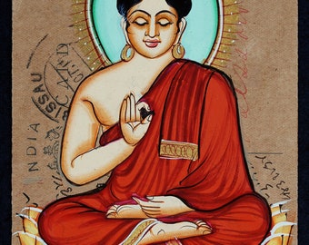 Handgeschilderde Lord Buddha-briefkaart: spirituele meditatie, Indiase volkskunst