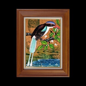 Cartolina d'epoca con uccello martin pescatore / Uccello dipinto a mano con pesce / Decorazione murale con natura riciclata / Arte botanica boho / Regalo ecologico