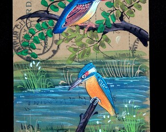 Kingfisher Pair Painting Original America Bird Art Painting On British Period Postcard , Handmade Home Decor , Handmade  Bird Painting