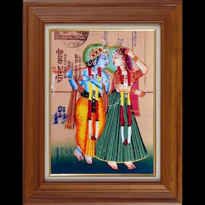 Lord Krishna con Radha Dipinto religioso Arte in miniatura su vecchia cartolina indiana