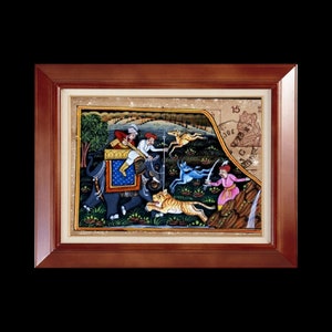 Scène de chasse de l'époque moghole sur carte postale d'époque britannique, peinture miniature indienne, beaux-arts indiens, peinture sauvage, décorations de Noël