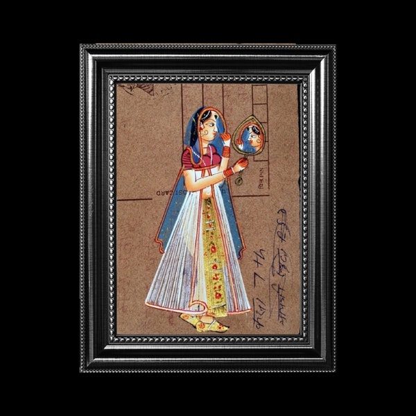 Belle peinture miniature peinte à la main Ragini Lady sur carte postale ancienne indienne