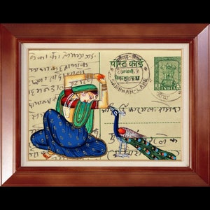 Hermosa pintura en miniatura pintada a mano de una dama de Ragin con un pavo real en una postal del período británico, tarjeta de cumpleaños para papá, decoraciones navideñas