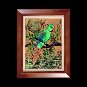 Hermosa pintura de loro verde en una postal antigua india, regalo para amantes de las aves y amantes de la naturaleza