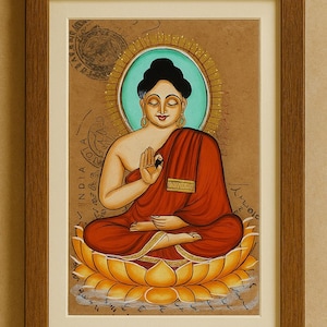 Hand-Painted Lord Buddha Postcard: Spiritual Meditation, Indian Folk Art