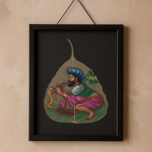 Snake Charmer Leaf Art: Hand-Painted Indian Peepal Leaf, Handmade Home Decor
