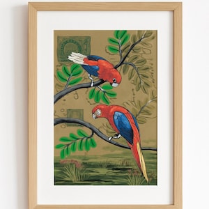 Cartolina con pappagallo dipinta a mano: oggetto da collezione d&#39;arte popolare indiana d&#39;epoca