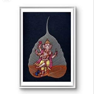 Hermosa pintura de Ganesh bailando pintada a mano con hojas de pipal, tarjeta de felicitación en miniatura, pintura con hojas secas, pintura religiosa