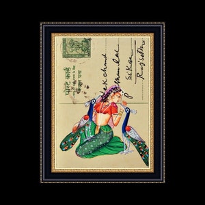 Hermosa pintura en miniatura pintada a mano de la dama Ragini en una postal antigua india