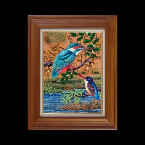 Paire de martins-pêcheurs originaux, aquarelle sur carte postale d'époque britannique, décoration d'intérieur faite main, multicolore, décorations de Noël