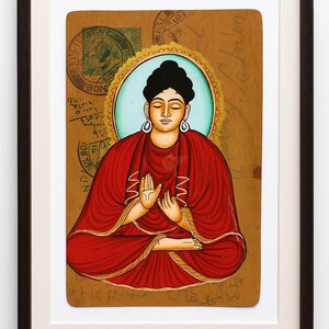 Hand-Painted Buddha Art: Red Robe, Indian Folk Vintage Postcard