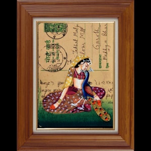 Belle dame ragini assise avec paon, peinture sur carte postale d'époque britannique, décoration d'intérieur faite main, cadeau personnalisé pour maman, oeuvre d'art