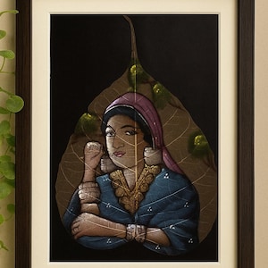 Bodhi Leaf Lady Painting: Indian Peepal Art, Handmade Home Decor
