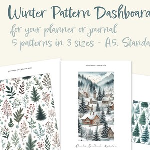 May include: Five winter-themed printable planner dashboards in three sizes: A5, Standard, and Passport. The designs feature a snowy village scene, a forest with pine trees, and a pattern of pine trees, berries, and snowflakes. The text "Digital PDF Download to Print at Home" is also included.