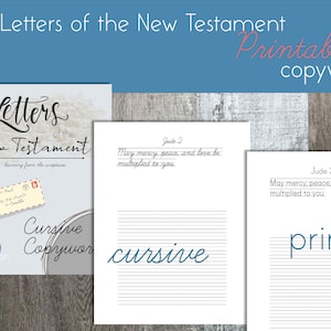May include: A printable worksheet for learning cursive handwriting. The worksheet features the text "Letters of the New Testament" and "learning from the scriptures". The worksheet also includes the text "May mercy, peace, and love be multiplied to you." and "Jude 2".
