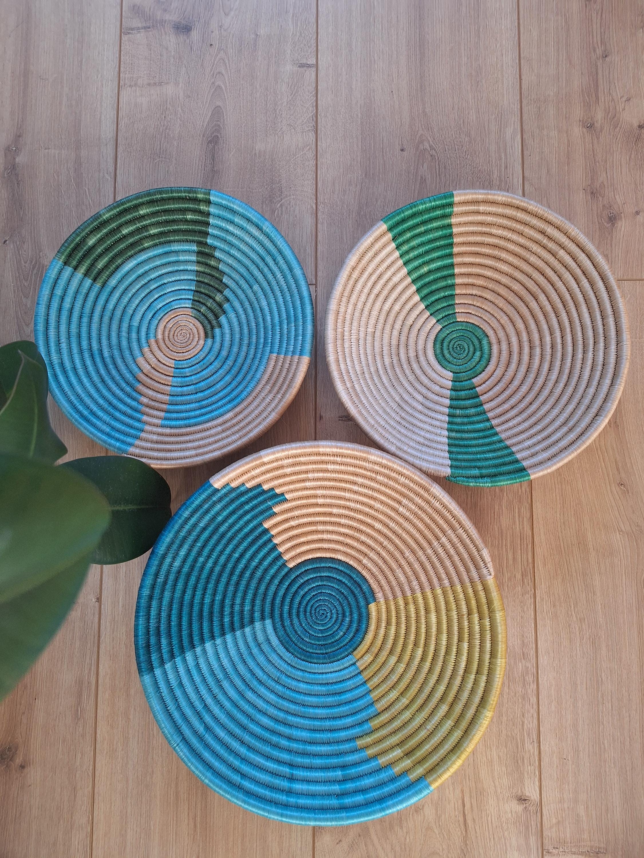 Handwoven Rwandan Wall Basket Set – White and multicolored African Basket Decor, Fruit Bowl & Wall Art (Set of 3 )”