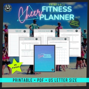 May include: A printable fitness planner with a blue and pink gradient cover, featuring the text "Cheer Fitness Planner." The planner includes pages for cheer camp checklists, daily fitness plans, water intake trackers, and cheer goals. The image also includes the text "Instant Digital Download."