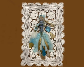 Pale Blues and Golden hues Smudge Feather Fan for smudge stick cleansing or simply lovely ornamentation.