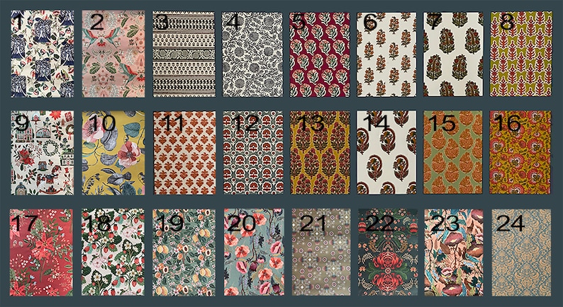 May include: A collection of 24 different fabric swatches with various patterns, including floral, geometric, and paisley designs. The swatches are arranged in a grid of four rows and six columns, with each swatch numbered from 1 to 24.