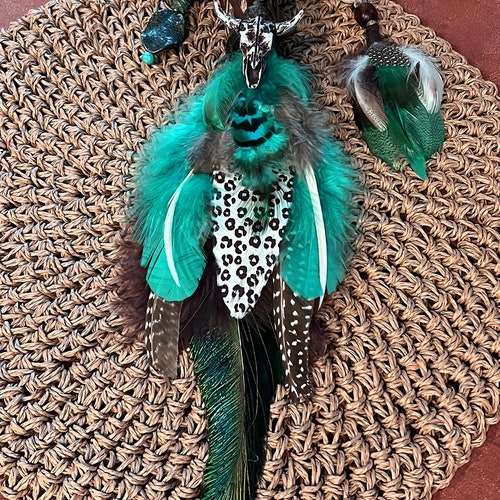 Smudging wand in Earthy tones with teal accents, Ceremonial Smudge Feather Fan, Beaded Bejewelled shops Leathered, Australian Driftwood, cow skull