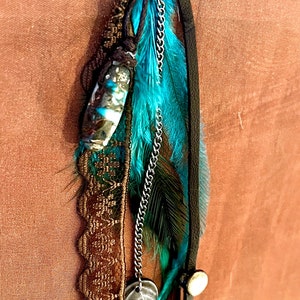 Feather earring, single boho style, jewellery, teal and brown hued feather earring, leather, lace, jewelled peacock and rooster feathers