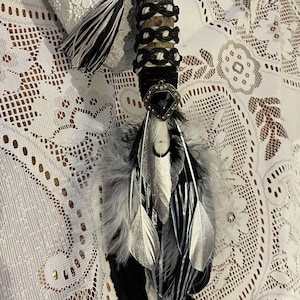 An Oyster, a Pearl & Some Buried Treasure - Smudging Feather Wand, Feather Cleansing Wand, Smudge Fan, Smudging Tool, Black White