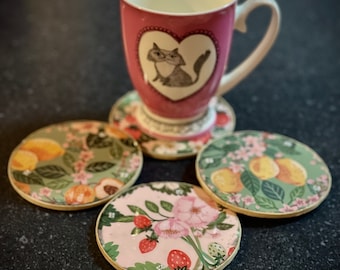 Handgemachte Decoupage Untersetzer: Erdbeer Pfirsich Limonade, 4er Set