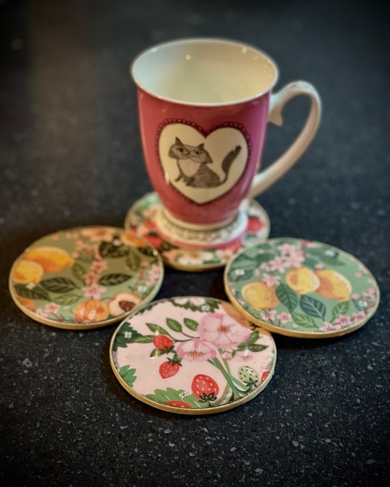 Handmade Decoupage Coasters: Strawberry Peach Lemonade, Set of 4