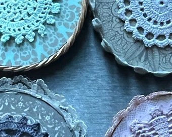 oh yeah...it's a doily Coaster! Coaster, drinkware, real doily coaster. lace doily homeware, doily decorated coaster