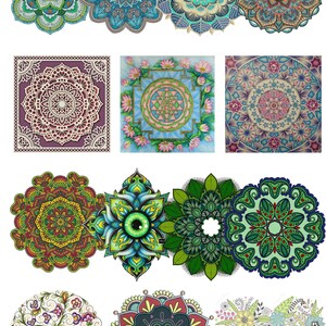 K&ouml;nnte beinhalten: Eine Sammlung farbenfroher Mandala-Designs in verschiedenen Stilen. Die Bilder zeigen komplizierte Muster mit kreisf&ouml;rmigen und floralen Motiven in Gr&uuml;n-, Blau-, Rot- und Lilat&ouml;nen. Einige Designs sind kreisf&ouml;rmig, andere quadratisch oder herzf&ouml;rmig.