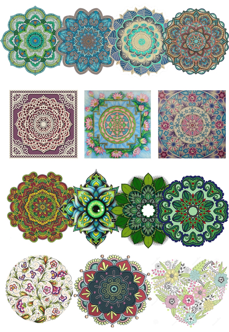 K&ouml;nnte beinhalten: Eine Sammlung farbenfroher Mandala-Designs in verschiedenen Stilen. Die Bilder zeigen komplizierte Muster mit kreisf&ouml;rmigen und floralen Motiven in Gr&uuml;n-, Blau-, Rot- und Lilat&ouml;nen. Einige Designs sind kreisf&ouml;rmig, andere quadratisch oder herzf&ouml;rmig.