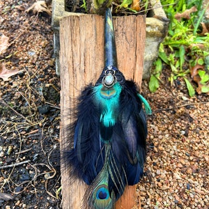 Rare Feather Smudging Fan, Magic Wand, Labradorite Smudge Wand, Mother of Pearl Scarab, Swarovsko Crystal, Peacock Feather Shamanic Wand