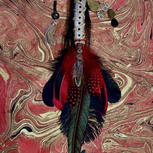 Make a Little Birdhouse in Your Soul - Smudging Feather Wand, Feather Cleansing Wand, Smudge Fan, Smudging Tool, Red, Black and Natural hues