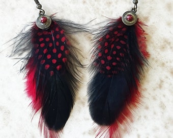 Little Red Rooster - Boho Feather Earrings, in Red and Black with red pearl jewel and antique gold hardware