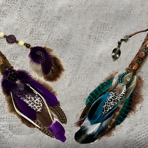 Smudging wand in Earthy tones with blue  accents, Ceremonial Smudge Feather Fan, Beaded Feathered Bejewelled Leathered, Australian Driftwood
