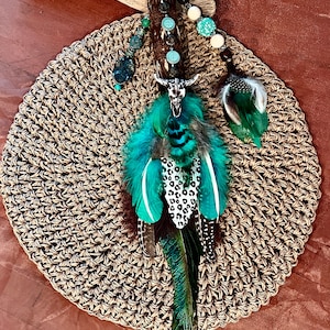 Smudging wand in Earthy tones with teal accents, Ceremonial Smudge Feather Fan, Beaded Bejewelled Leathered, Australian Driftwood, cow skull