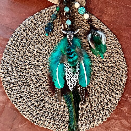 Smudging wand in Earthy tones with teal accents, Ceremonial Smudge Feather Fan, Beaded Bejewelled shops Leathered, Australian Driftwood, cow skull