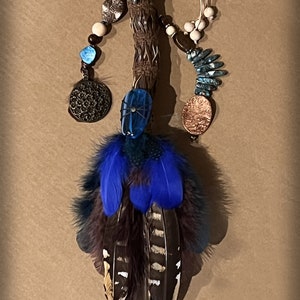 Blues and earthy tones Smudge Feather Fan, Feather Cleansing Wand, feature Inukshuk, Smudge sticks. Gorgeously and lovingly detailed.