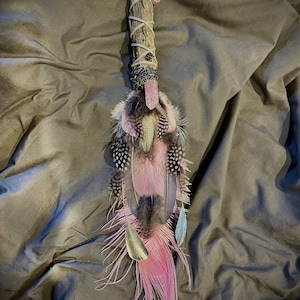 Pink, Silver and Grey Fleur de Lis Locket Jewel - Smudging Feather Wand, Feather Cleansing Wand, Smudge Fan, Smudging Tool, Healing Crystal
