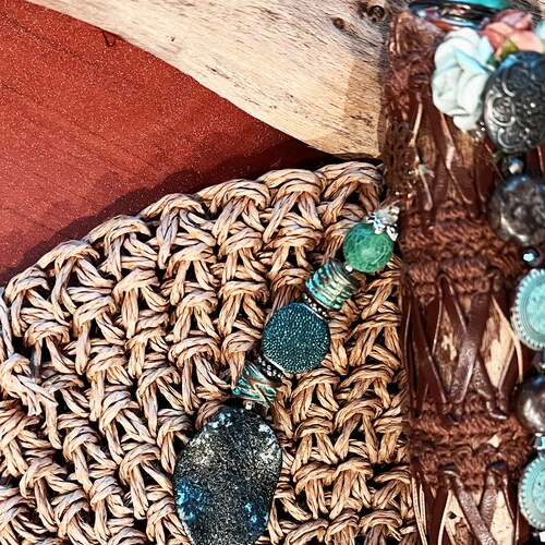 Smudging wand in Earthy tones with teal accents, Ceremonial Smudge Feather Fan, Beaded Bejewelled shops Leathered, Australian Driftwood, cow skull