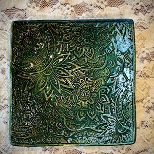 Handmade Embossed Ceramic Bowl: Metallic Jade and Gold Trinket Dish