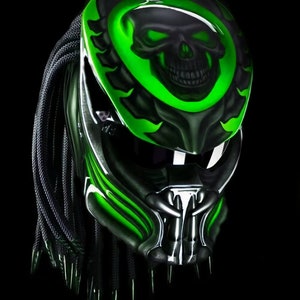 Custom Predator Motorcycle Helmet: Green Skull, DOT & ECE Approved