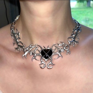 Abstract metal statement necklace with black agate spiky crystal heart pendant, grunge, alt jewelry