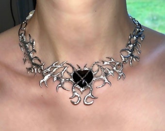 Abstract metal statement necklace with black agate spiky crystal heart pendant, grunge, alt jewelry