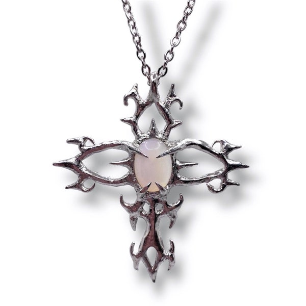 silver grunge y2k opal cross pendant necklace, emo, punk, alt jewelry