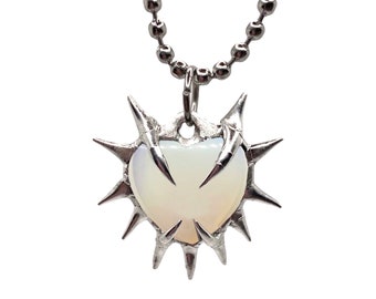 Spiky metal crystal heart pendant, handmade statement jewelry