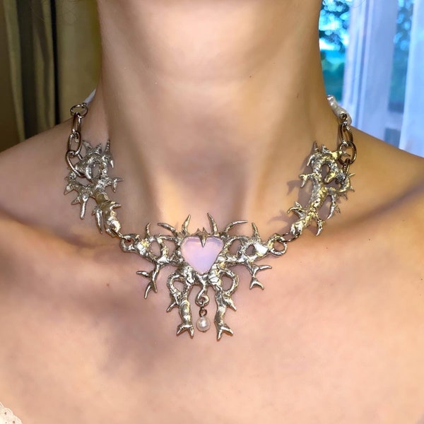 Handmade abstract metal choker necklace with spiky opal heart pendant
