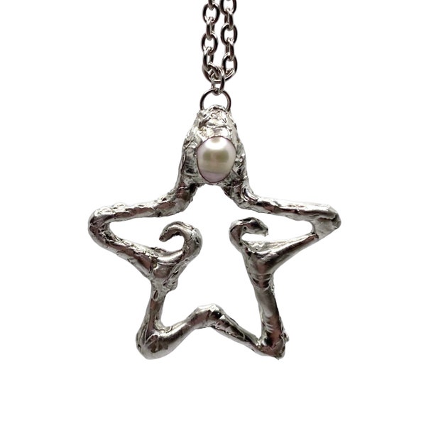 Metal liquid silver handmade star pendant, abstract, statement gift