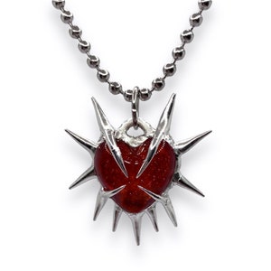 Spiky small red / dark purple glass heart pendant, handmade metal statement jewelry